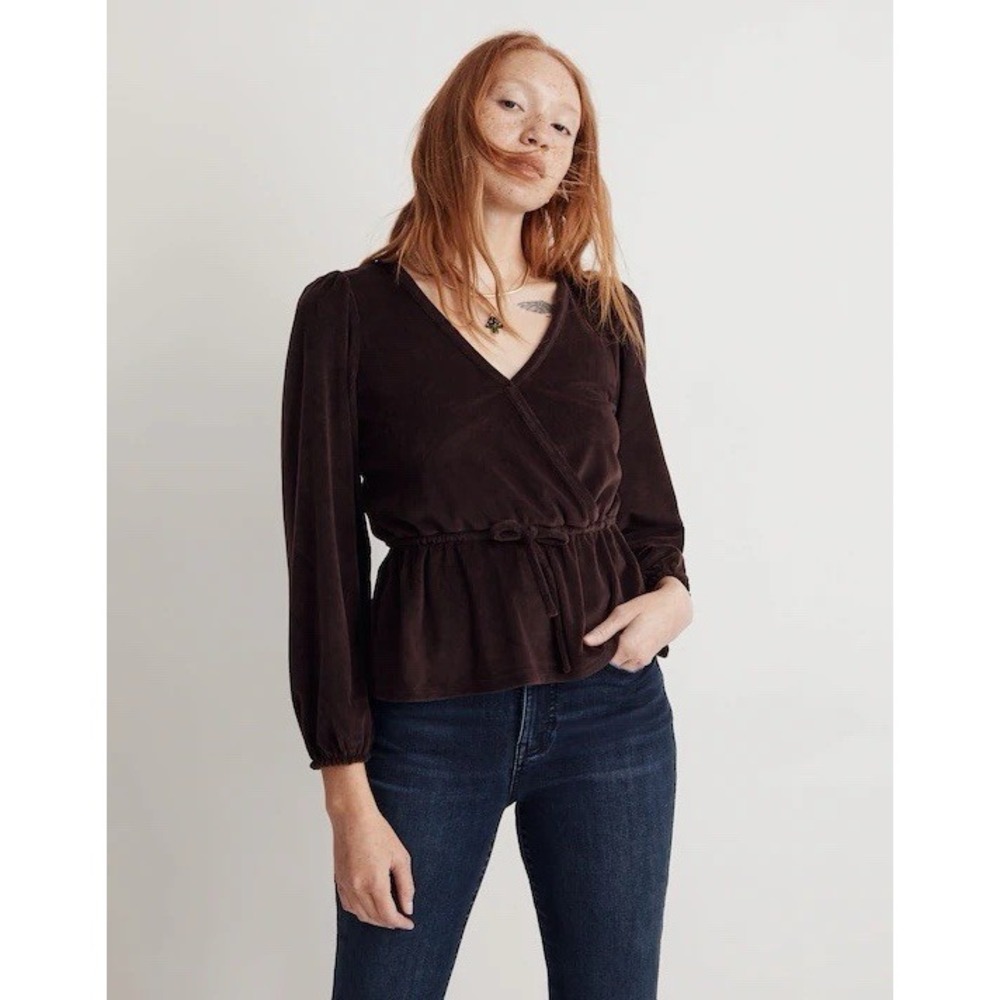 Madewell Womens XS Brown Spiced Raisin Corduroy Tie-Front Faux-Wrap Top Blouse